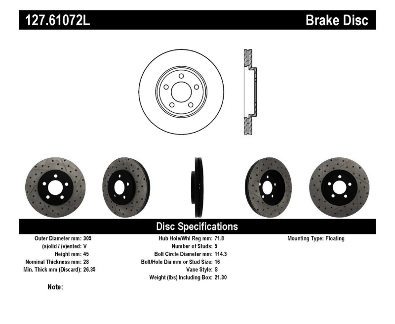 Ford Crown Victoria Brake Rotor (1) - Front Left - Stoptech - Sport Drilled & Slotted - Black - `03-`11