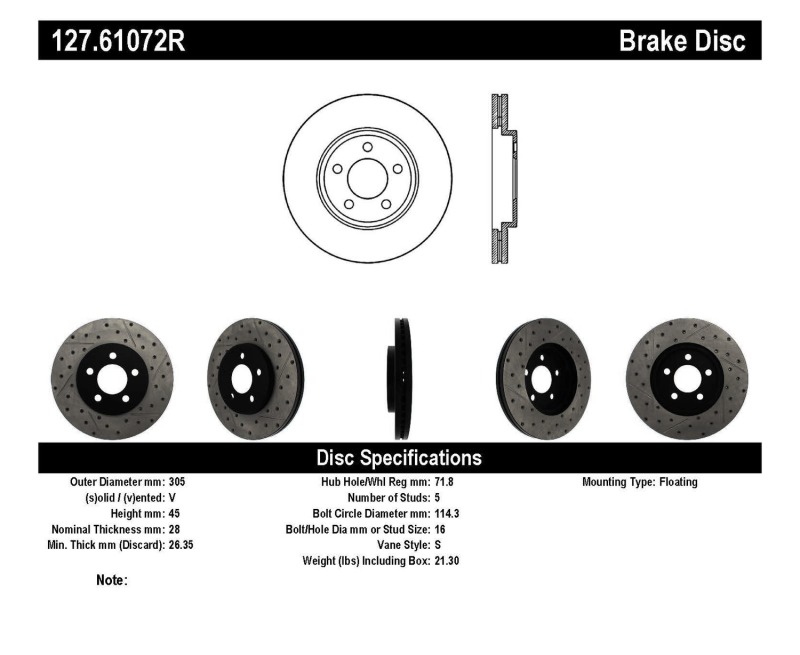 Ford Crown Victoria Brake Rotor (1) - Front Right - Stoptech - Sport Drilled & Slotted - Black - `03-`11