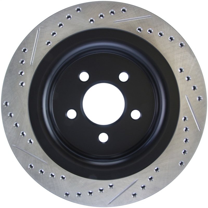 Ford Mustang Brake Rotor (1) - Rear Left - Stoptech - Slotted & Drilled - Black - `15-`20