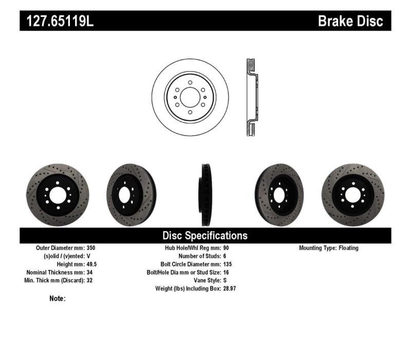 Ford Expedition Brake Rotors (1) - Front Left - Stoptech - Drilled & Slotted, E-Coated - Black - `07-`20