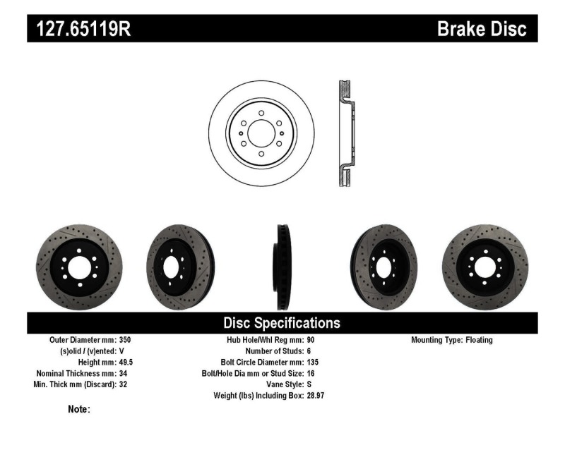 Ford F-150 Brake Rotor (1) - Front Right - Stoptech - Slotted & Drilled - Black - `10-`20