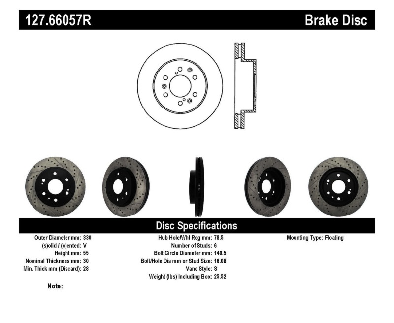Cadillac Escalade ESV Brake Rotor (1) - Front Right - Stoptech - Drilled & Slotted, Sport, E-Coated - Black - `07-`20