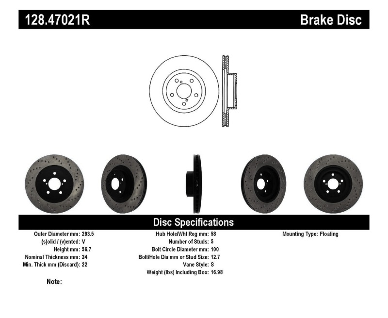 Subaru Baja Brake Rotor (1) - Front Right - Stoptech - Drilled Sport + E-coated - Black - `04-`06