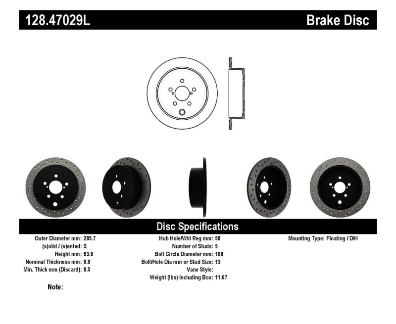 Scion FR S Brake Rotor (1) - Rear Left - Stoptech - Drilled - Black - `13-`16