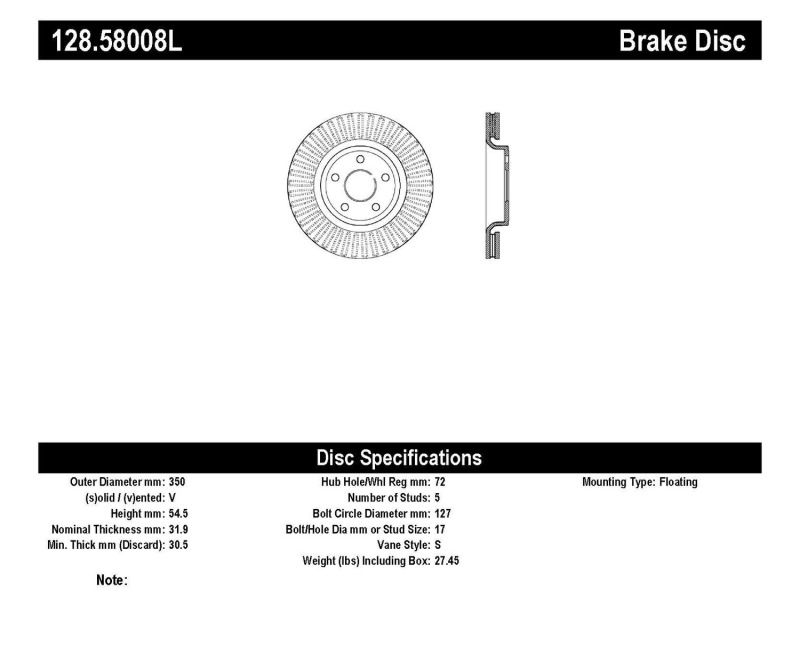 Dodge Durango Brake Rotor (1) - Front Left - Stoptech - Drilled Sport - Black - `11-`20