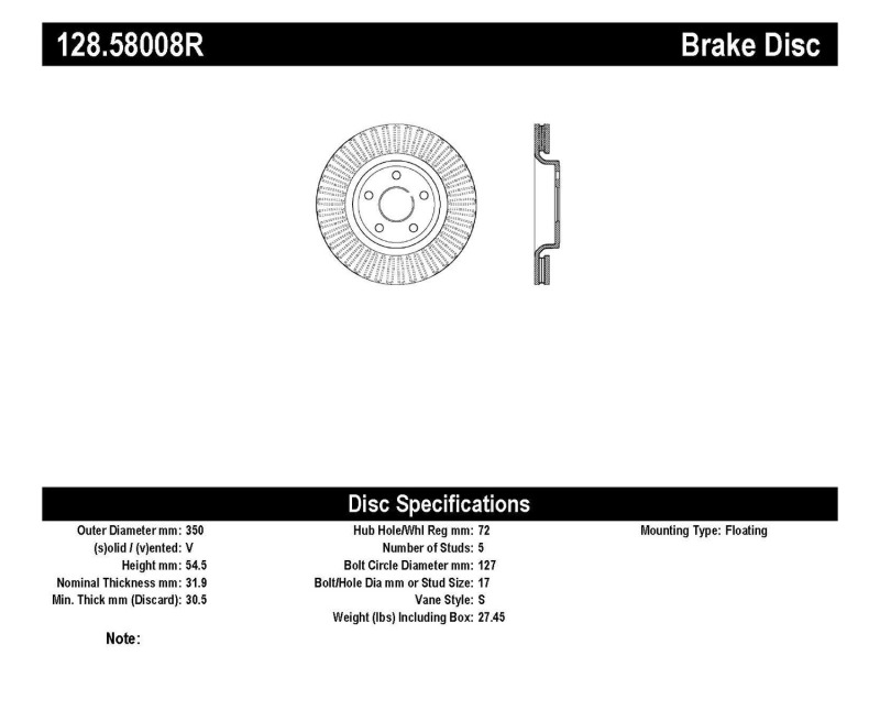 Dodge Durango Brake Rotors (2) - Front Right - Stoptech - Drilled Sport - Black - `11-`20