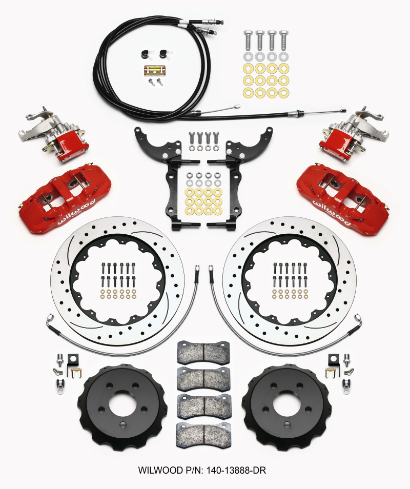 Ford Mustang Brake Kit - Rear - Wilwood - AERO4 / MC4, 14.00 Drilled Rotors + BP-10 Pads - Red - `15-`23 Ford Mustang Brake Kit - Rear - Wilwood - AERO4 / MC4, 14.00 Drilled Rotors + BP-10 Pads - Red - `15-`23