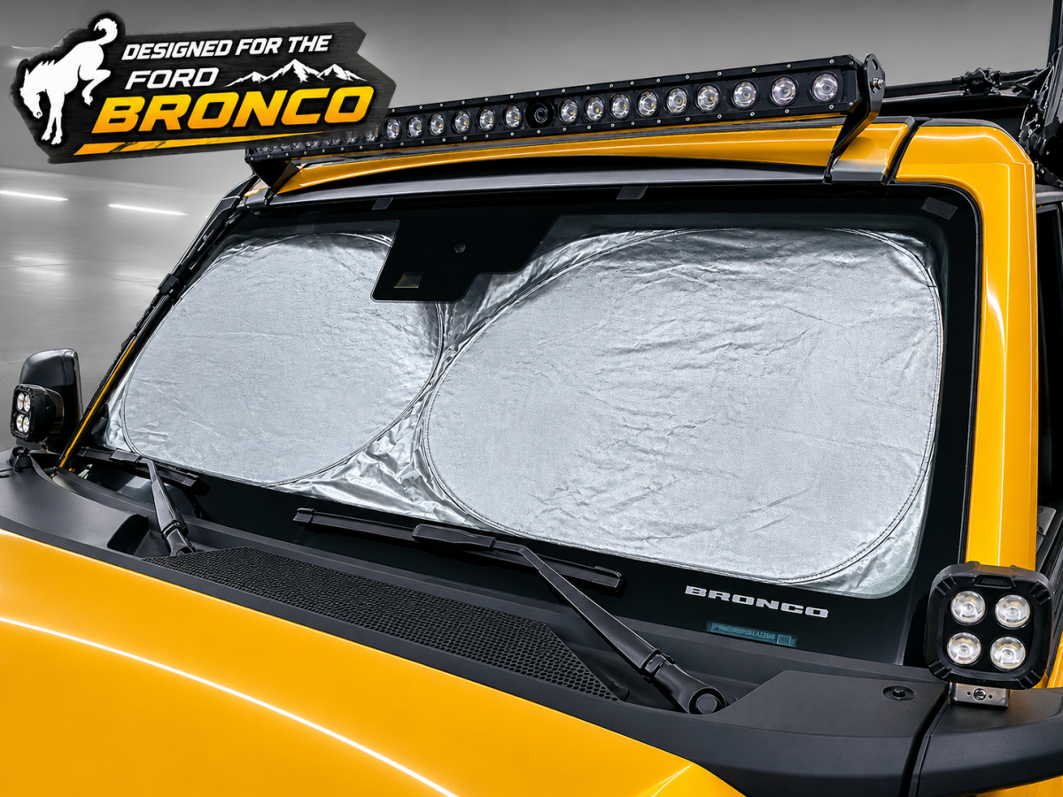 Ford Bronco Windshield Sunshade/ Reflector - BlackOut Sunshades - Foldable Double Circle Design Ford Bronco Windshield Sunshade/ Reflector - BlackOut Sunshades - Foldable Double Circle Design