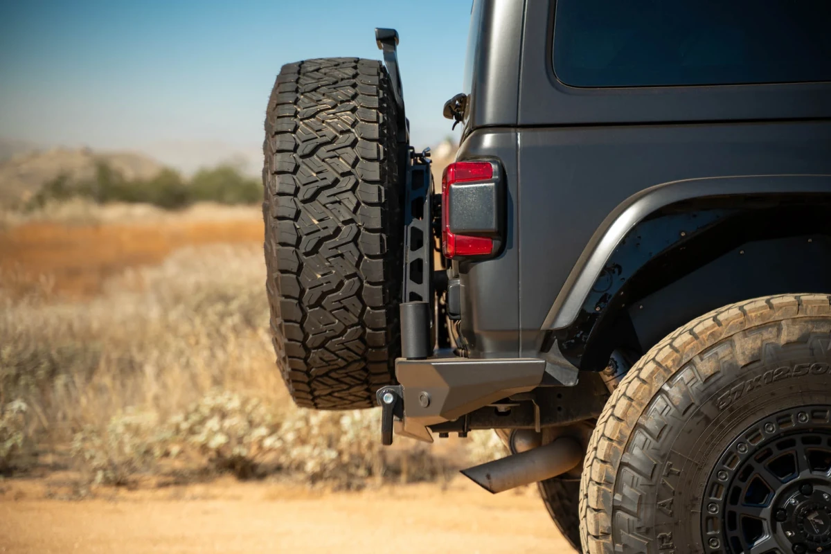 Jeep Wrangler JL Tire Carrier - Swing Gate - DV8 Offroad MTO Series Bumper - `18-`25