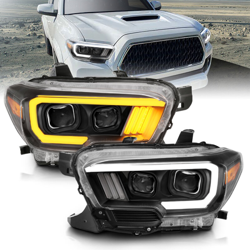 Toyota Tacoma Projector Headlights - ANZO - Plank Style Switchback - Black w/ Amber - `16-`17