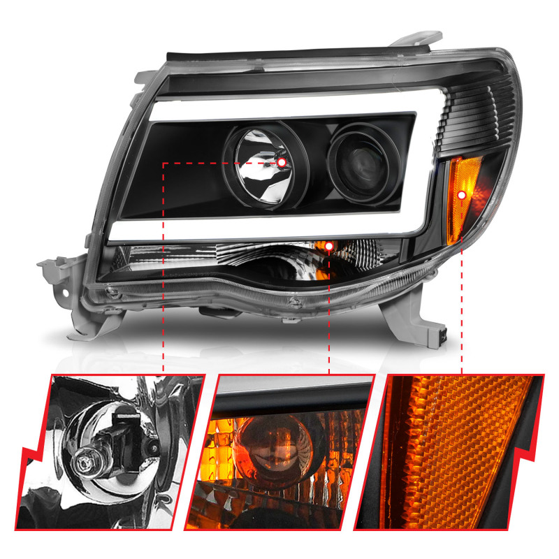 Toyota Tacoma Projector Headlights - ANZO - Light Bar Style w/ C Light Bar - Black Housing - Clear Lens - `05-`09