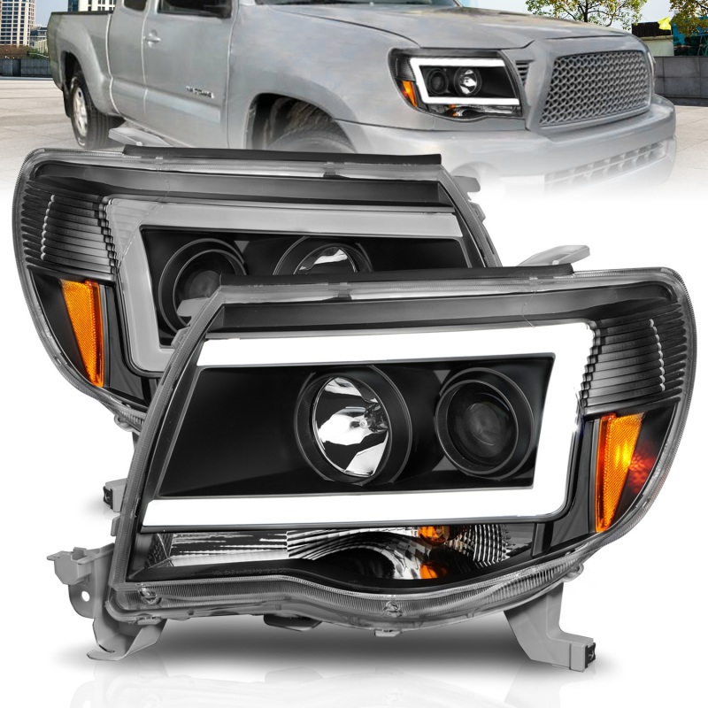 Toyota Tacoma Projector Headlights - ANZO - Light Bar Style w/ C Light Bar - Black Housing - Clear Lens - `05-`09