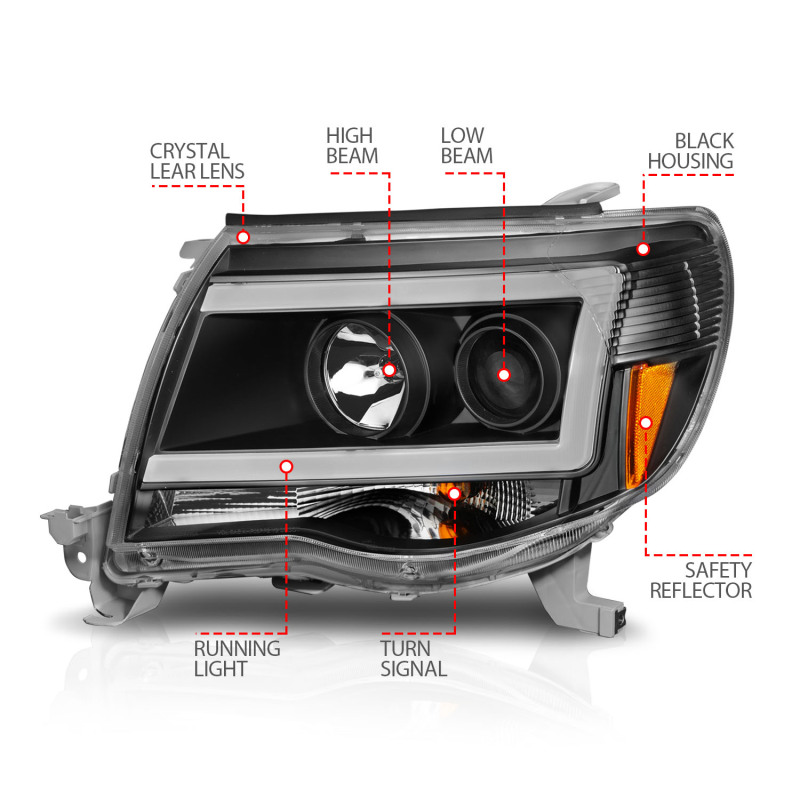 Toyota Tacoma Projector Headlights - ANZO - Light Bar Style w/ C Light Bar - Black Housing - Clear Lens - `05-`09