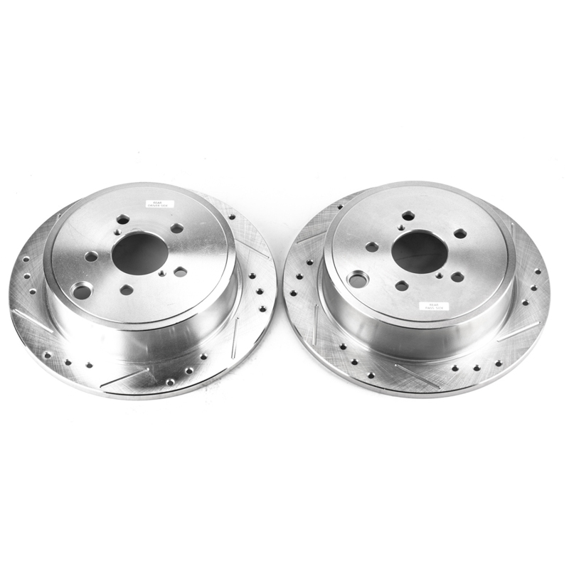 Subaru Impreza Brake Rotors (2) - Rear - PowerStop - Evolution Drilled & Slotted Zinc Plated - Silver - `08-`14