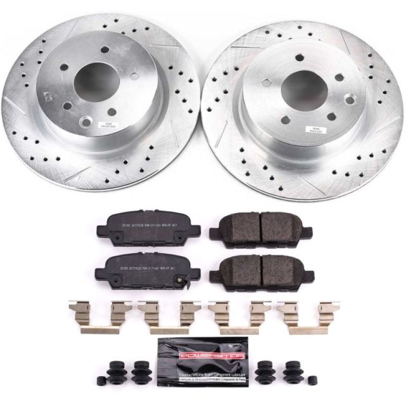 Nissan 370Z Brake Kit - Rear - PowerStop - Drilled & Slotted Rotors + Carbon-Fiber Ceramic Pads - `18-`19