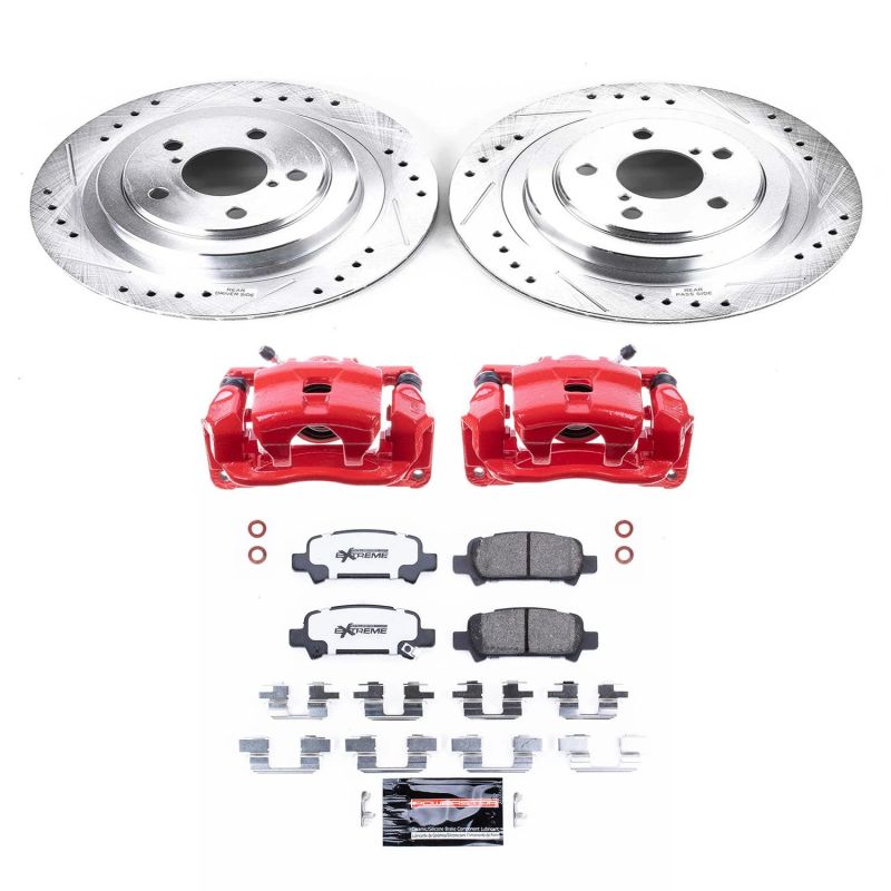 Subaru Legacy Brake Kit - Rear - PowerStop - Drilled & Slotted Rotors + Carbon-Fiber Ceramic Pads + Powder Coated Calipers - `05-`09