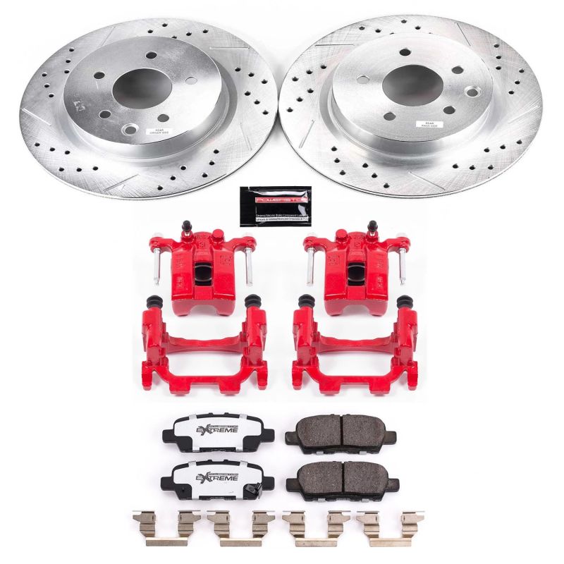 Nissan 370Z Brake Kit - Rear - PowerStop - Drilled/Slotted Rotors + Carbon-Fiber Ceramic Pads + Powder Coated Calipers - `18-`19