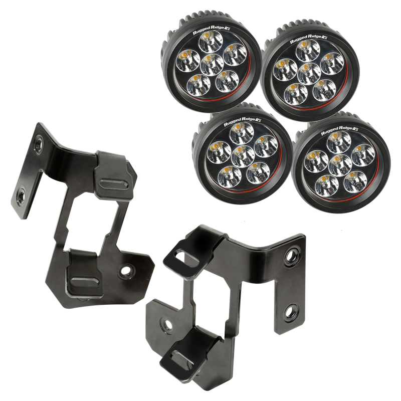 Jeep Wrangler JK Light Mount Kit - A-Pillar - Rugged Ridge - Round LED - Semi-Gloss Black - `07-`18