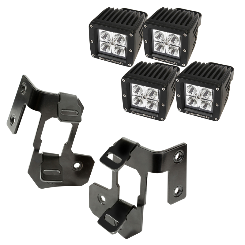 Jeep Wrangler JK Light Mount Kit - A-Pillar - Rugged Ridge - Square LED - Semi-Gloss Black - `07-`18