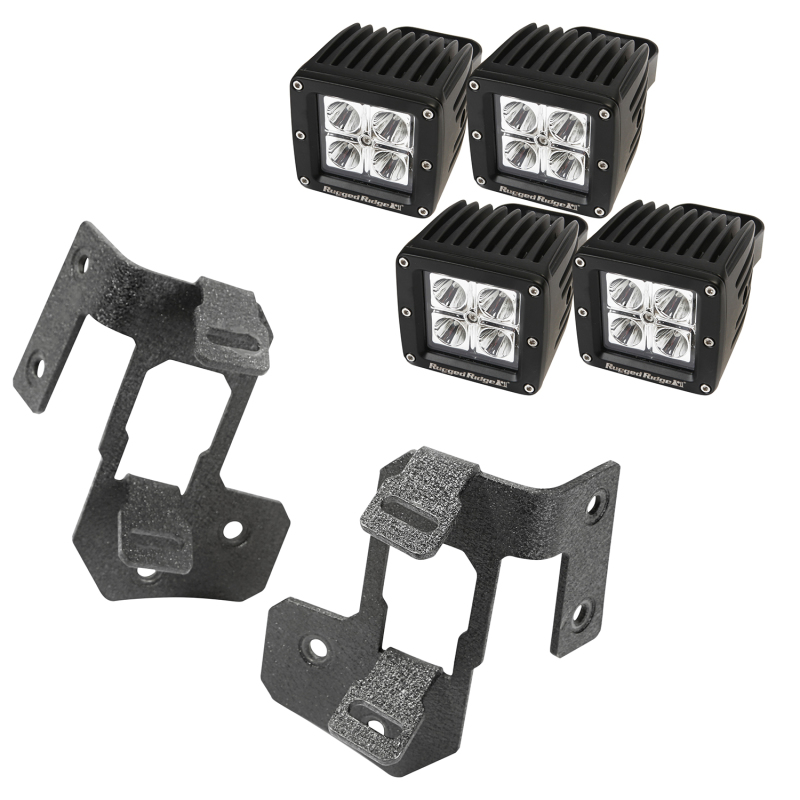 Jeep Wrangler JK Light Mount Kit - A-Pillar - Rugged Ridge - Square LED - Textured Black - `07-`18