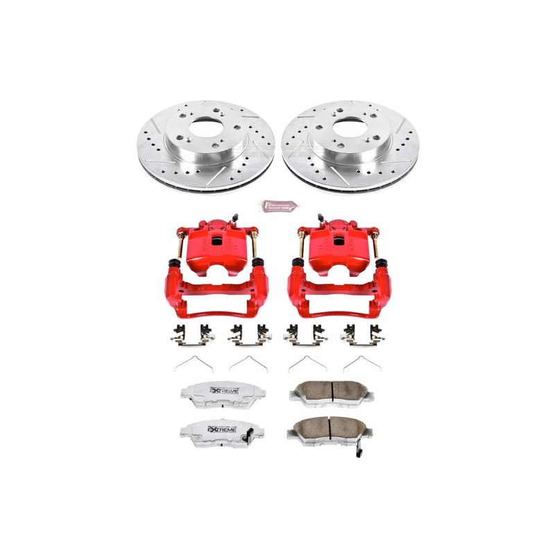 Honda Civic Brake Kit - Front - PowerStop - Drilled & Slotted Rotors + Carbon-Fiber Ceramic Pads + Powder Coated Calipers - `04-`05