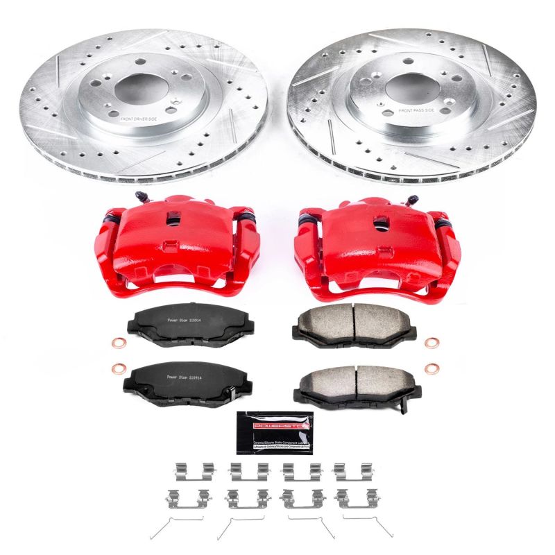 Honda Civic Brake Kit - Front - PowerStop - Drilled & Slotted Rotors + Carbon-Fiber Ceramic Pads + Powder Coated Calipers - `12-`15