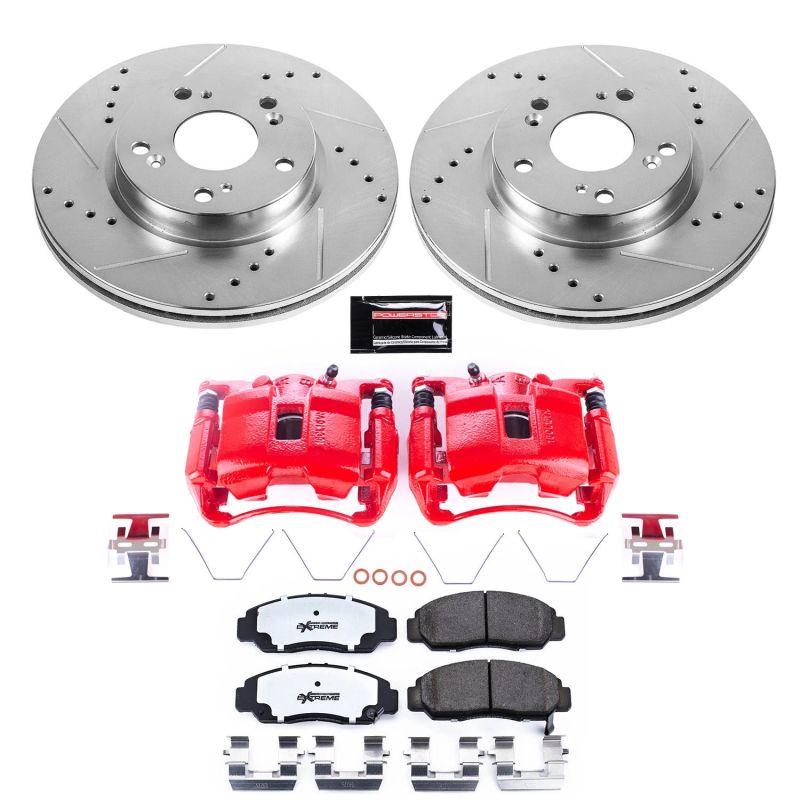 Honda Civic Brake Kit - Front - PowerStop - Drilled & Slotted Rotors + Carbon-Fiber Ceramic Pads + Powder Coated Calipers - `12-`15