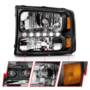 Ford Excursion Headlights - ANZO - Crystal with LED Strip - Black - `00-`04 Ford Excursion Headlights - ANZO - Crystal with LED Strip - Black - `00-`04