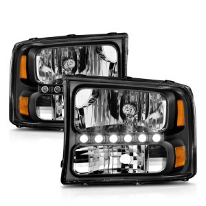 Ford Excursion Headlights - ANZO - Crystal with LED Strip - Black - `00-`04 Ford Excursion Headlights - ANZO - Crystal with LED Strip - Black - `00-`04