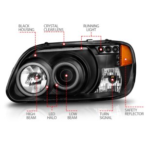 Ford Explorer Projector Headlights - ANZO - w/Halo, Clear Lens, Black Housing - Black - `95-`01 Ford Explorer Projector Headlights - ANZO - w/Halo, Clear Lens, Black Housing - Black - `95-`01