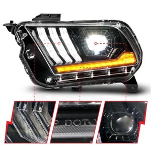 Ford Mustang Projector Headlights - ANZO - LED with Light Tube Sequential - Black - `10-`14