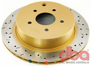Infiniti FX35 Brake Rotors (2) - Rear - DBA - XS 4000 Series Drilled/Slotted - Gold - `03-`06 Infiniti FX35 Brake Rotors (2) - Rear - DBA - XS 4000 Series Drilled/Slotted - Gold - `03-`06