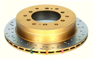Toyota FJ Cruiser Brake Rotor (1) - Rear - DBA - 4000 Series XS Cross Drilled/Slotted - Gold - `10-`27 Toyota FJ Cruiser Brake Rotor (1) - Rear - DBA - 4000 Series XS Cross Drilled/Slotted - Gold - `10-`27