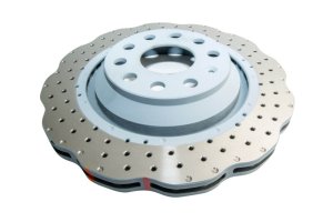 Volkswagen GTI Brake Rotor (1) - Rear - DBA - 4000 Series Drilled Wavy Rotor with Silver Hat - Silver - `14-`21 Volkswagen GTI Brake Rotor (1) - Rear - DBA - 4000 Series Drilled Wavy Rotor with Silver Hat - Silver - `14-`21