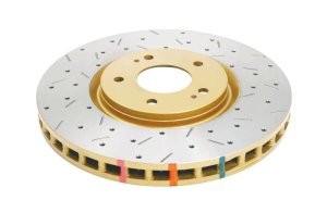 Mitsubishi Lancer Evolution Brake Rotor (1) - Front - DBA - 4000 Series XS, Cross Drilled/Slotted - Gold - `03-`05 Mitsubishi Lancer Evolution Brake Rotor (1) - Front - DBA - 4000 Series XS, Cross Drilled/Slotted - Gold - `03-`05