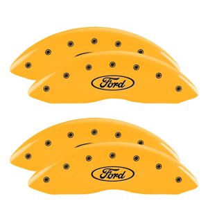 Ford F-250 Caliper Covers - Front + Rear - MGP - Engraved Oval Logo - Yellow - `08-`12