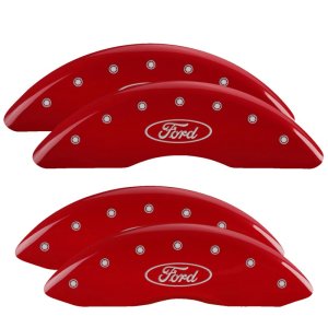 Ford F-250 Caliper Covers - Front + Rear - MGP - Engraved Oval logo/Ford - Red - `13-`22