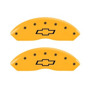 Chevrolet C2500 Caliper Covers - Front - MGP - 2 Logo Engraved Bowtie Black Characters - Yellow - `97-`02