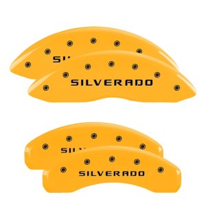 Chevrolet Silverado Caliper Covers - Front + Rear - MGP - Engraved Silverado, Black Characters - Yellow - `99-`10