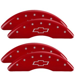 Chevrolet Silverado Caliper Covers - Front + Rear - MGP - Engraved Bowtie - Red - `18-`19 Chevrolet Silverado Caliper Covers - Front + Rear - MGP - Engraved Bowtie - Red - `18-`19