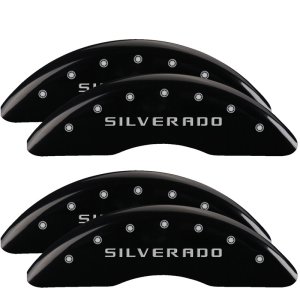 Chevrolet Silverado Caliper Covers - Front + Rear - MGP - Engraved Silverado, Black powder coat finish, silver characters - Black - `18-`19