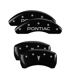 Pontiac G6 Caliper Covers - Front + Rear - MGP - 4 Logo Engraved - Front: Pontiac, Rear: Arrow, Silver Characters - Black - `05-`10