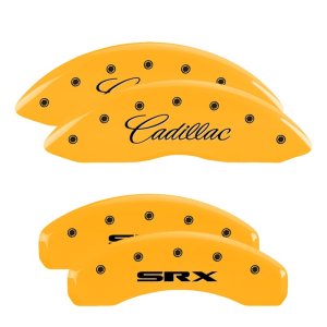 Cadillac SRX Caliper Covers - Front + Rear - MGP - Engraved Front Cursive/Cadillac - Engraved Rear SRX - Yellow - `12-`16