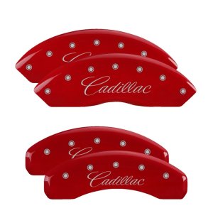 Cadillac DTS Caliper Covers - Front + Rear - MGP - Engraved Cursive/Cadillac - Red - `06-`11