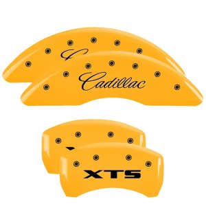Cadillac XTS Caliper Covers (4) - Front + Rear - MGP - Engraved Front: Cadillac - Engraved Rear: XTS - Yellow - `13-`19