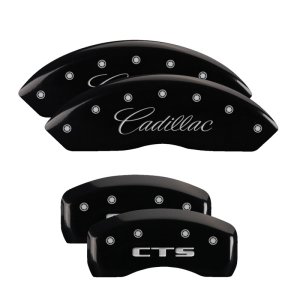 Cadillac CTS Caliper Covers - Front + Rear - MGP - Engraved Front Cursive/Cadillac - Engraved Rear CTS - Black - `03-`10
