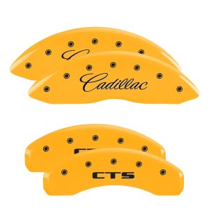 Cadillac CTS Caliper Covers - Front + Rear - MGP - Engraved Front Cursive/Cadillac - Engraved Rear CTS - Yellow - `08-`13