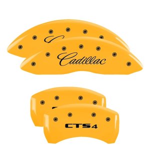 Cadillac CTS Caliper Covers - Front + Rear - MGP - Engraved Front: Cursive/Cadillac; Engraved Rear: CTS4 - Yellow - `13-`17