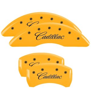 Cadillac CTS Caliper Covers - Front + Rear - MGP - Engraved Cursive/Cadillac - Yellow - `14-`17