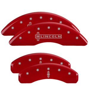 Lincoln Navigator Caliper Covers - Front + Rear - MGP - Engraved Front Lincoln, Engraved Rear Star logo - Red - `07-`09